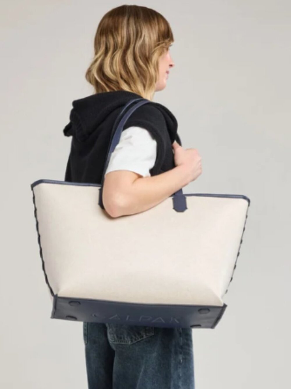 NWT CALPAK Colette 15" Canvas Laptop Tote in Natural Navy